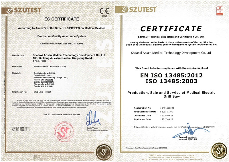 Shaanxi Ansen Medical Technology Development Co.,Ltd Certifications