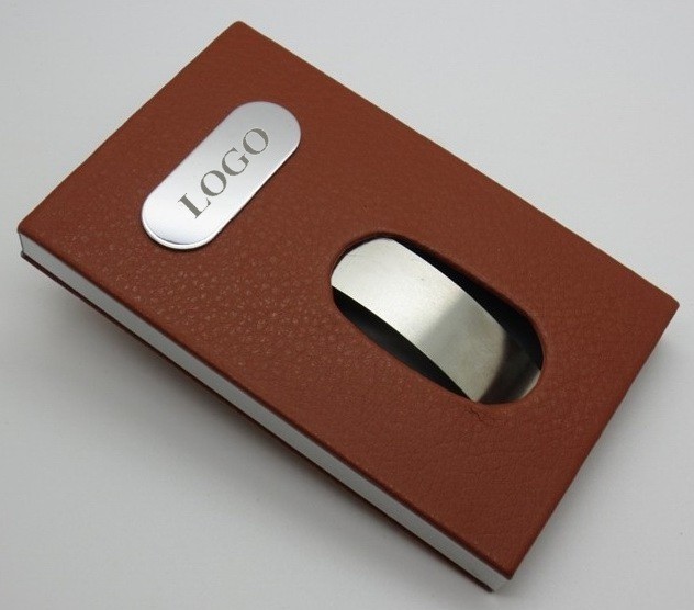 PU Leather covered Stainless Steel Hand Pushing Business Name Card Holder