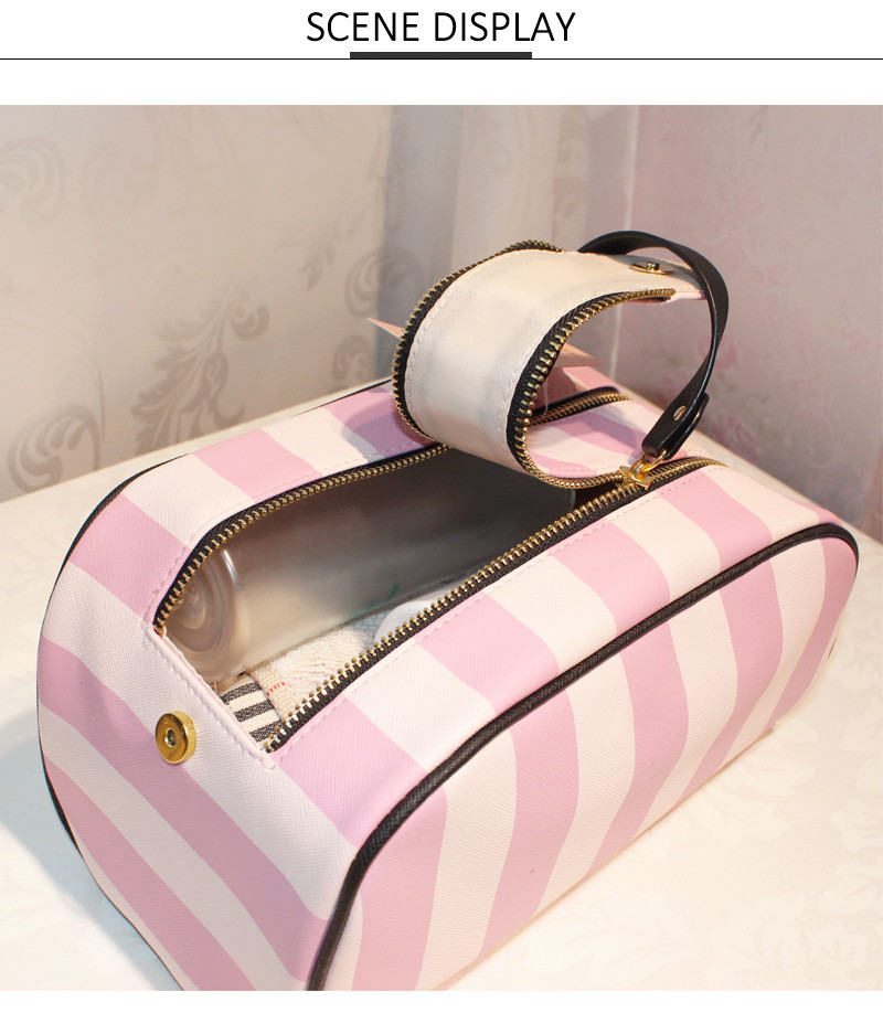 Organic Pink Stripe Pattern Waterproof PU Makeup Bag