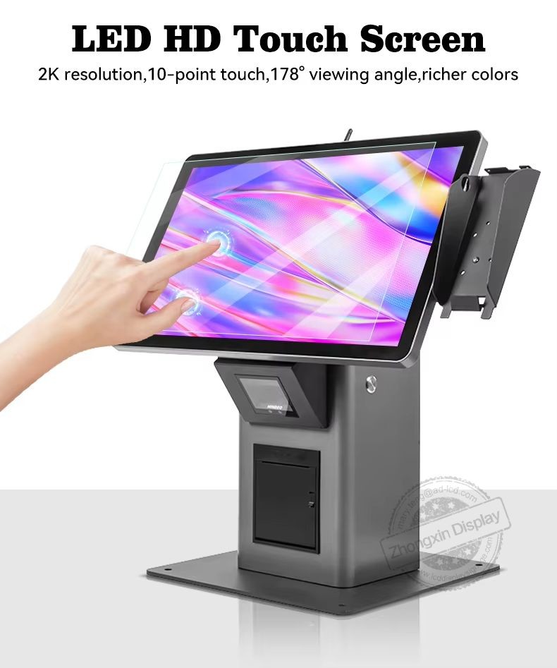Commercial Standing Android Fast Food Restaurant Touch Screen Kiosk With Pos Barcode Scanner Ticket Printer Options