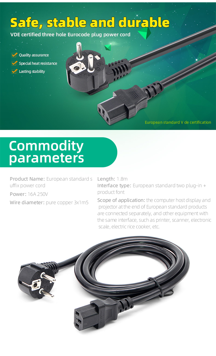 3 Pin Computer Desktop Accessories 1.5M 110V-250V EU Power Cord For PSU