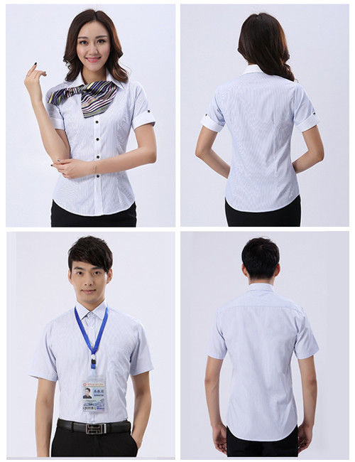 Summer Blue Striped Custom Business Shirts Short Sleeved Shirt For Male / Female