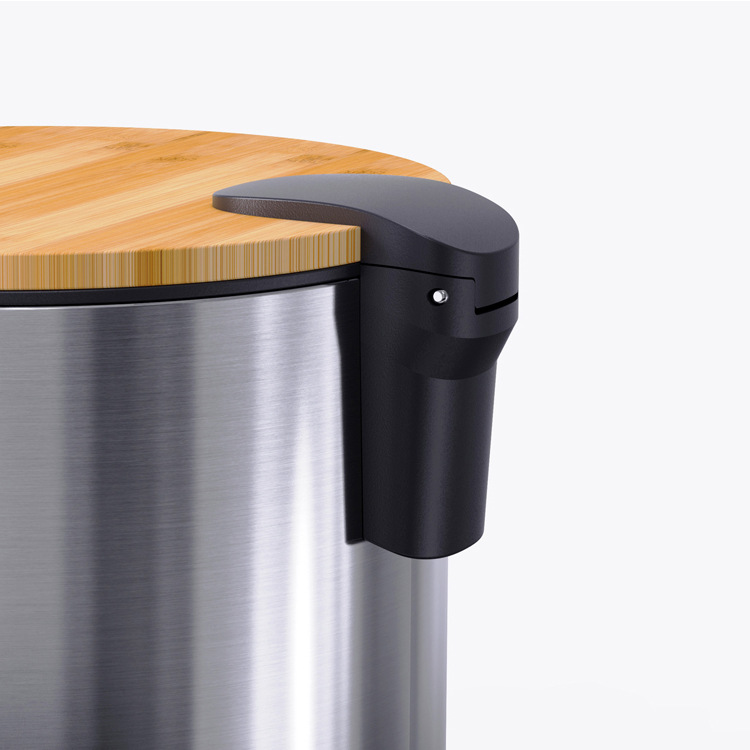 Space-Saving Rolling Cover Style Stainless Steel Trash Bin with Thin Bamboo Lid and Pedal