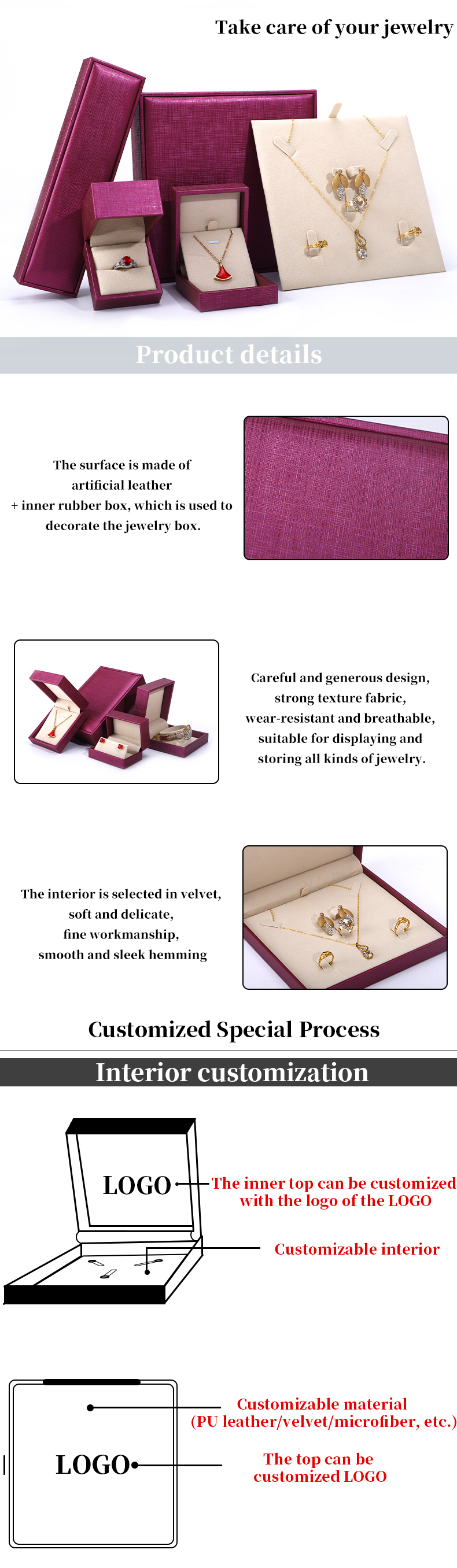 China manufacturing Wholesale Luxury Jewellery Box packaging Custom high end Necklace Bracelet Earring Ring Packaging rose Red Pu Leather Jewelry Box