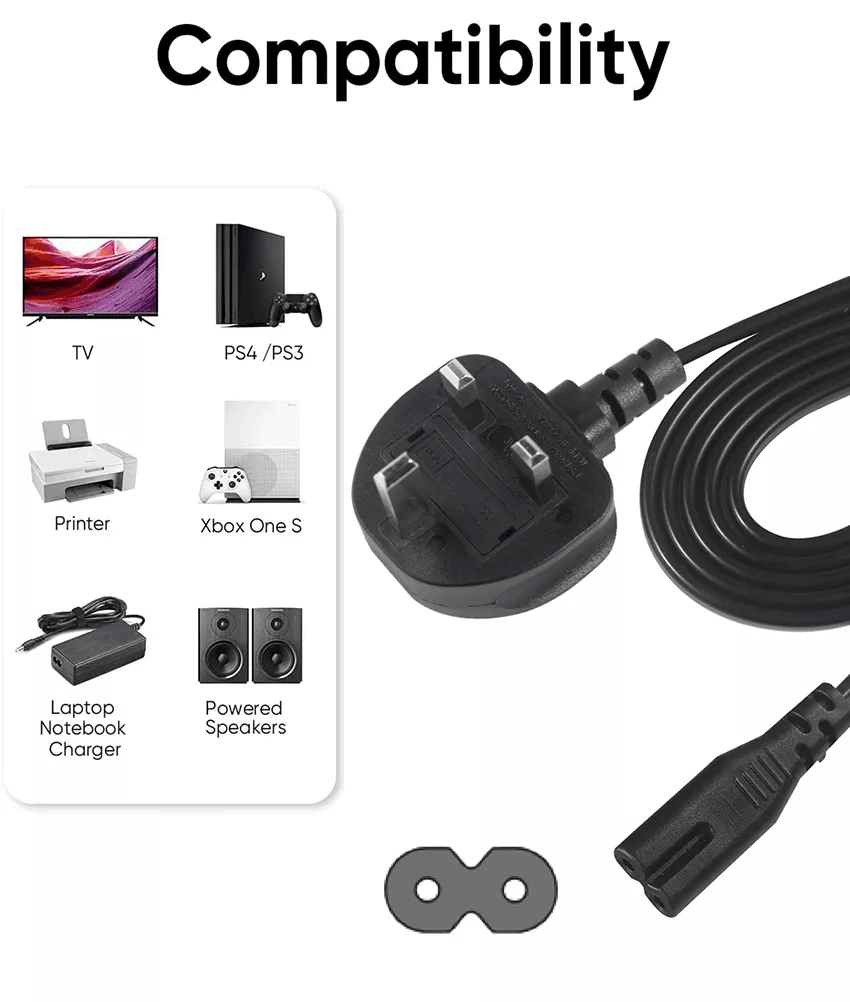 Pure Copper Conductor 1.5m Black Figure 8 Power Cord IEC C7 UK Power Cable