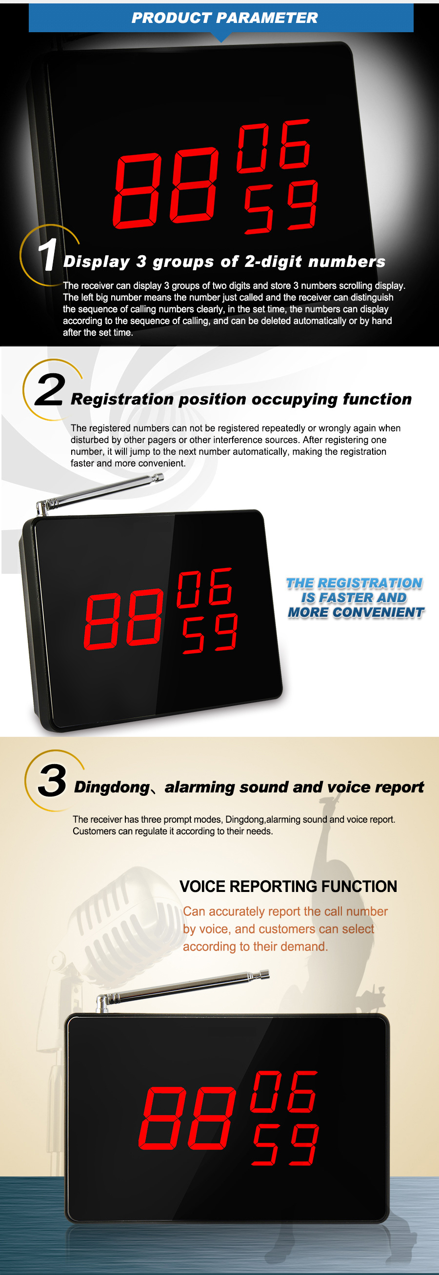 433.92Mhz restaurant wireless table service calling system 3 keys button and display paging system