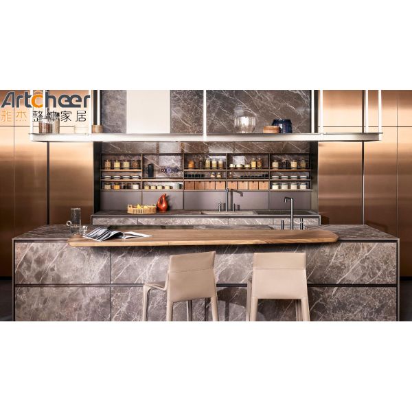 Laminated Stone Finish Kitchen Cabinet with Sintered Stone Island and Eco-Friendly Plywood L Shape Cabinet