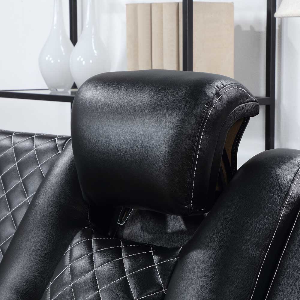 Power Recliner Corner Sofa with 2 Power Recliner Seats and 2 Power Headrests and Storage Box and Storage Arms and LED Light, Black Breathable