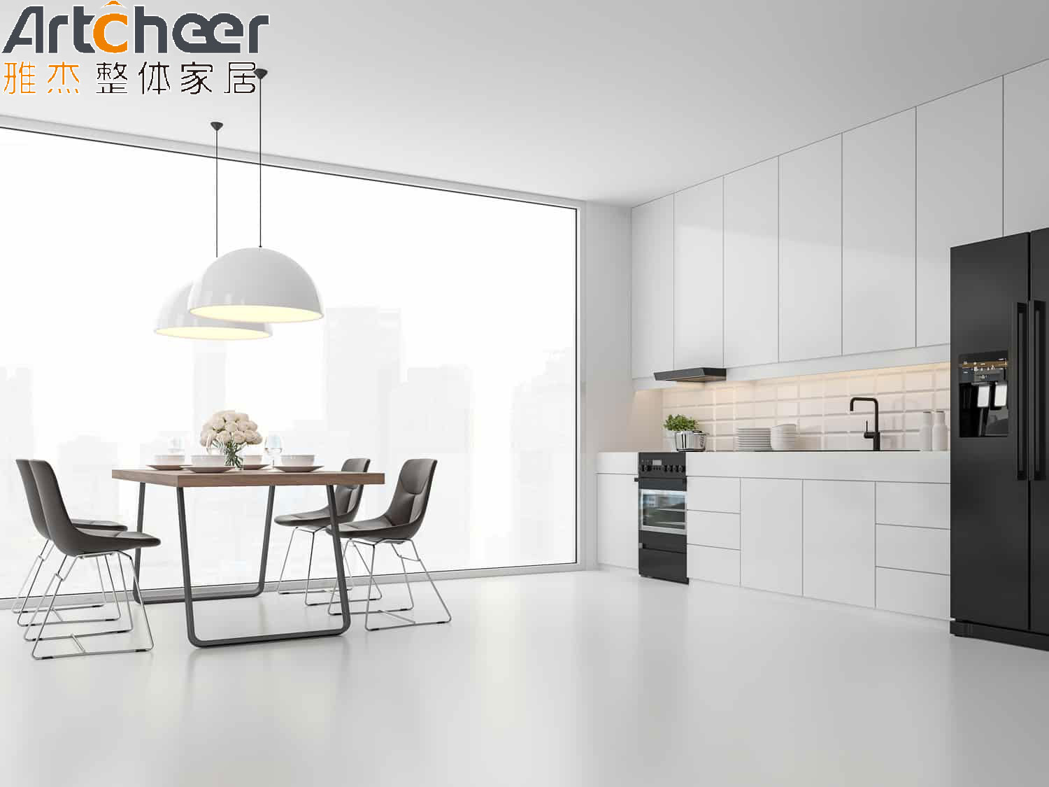 Small Open Kitchen Cabinet Set with Modern High Gloss White Cabinet and Black High Cabinet