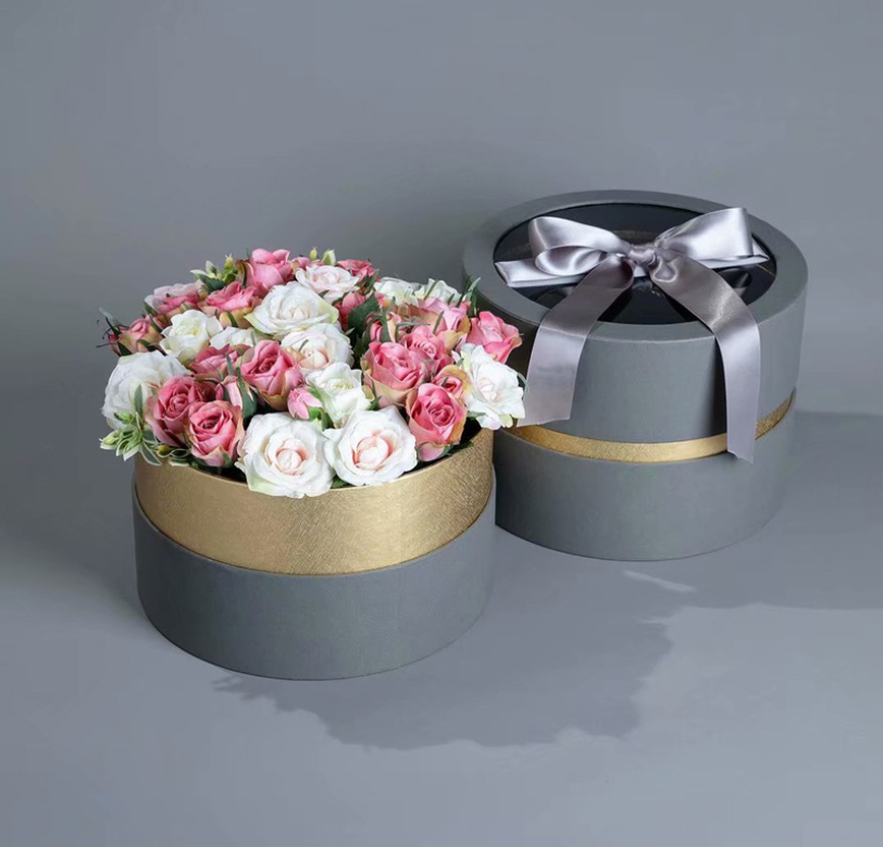 Round Bouquet Corrugated Cardboard Packaging Rose Flower Bucket Boxes Gold Window Opening
