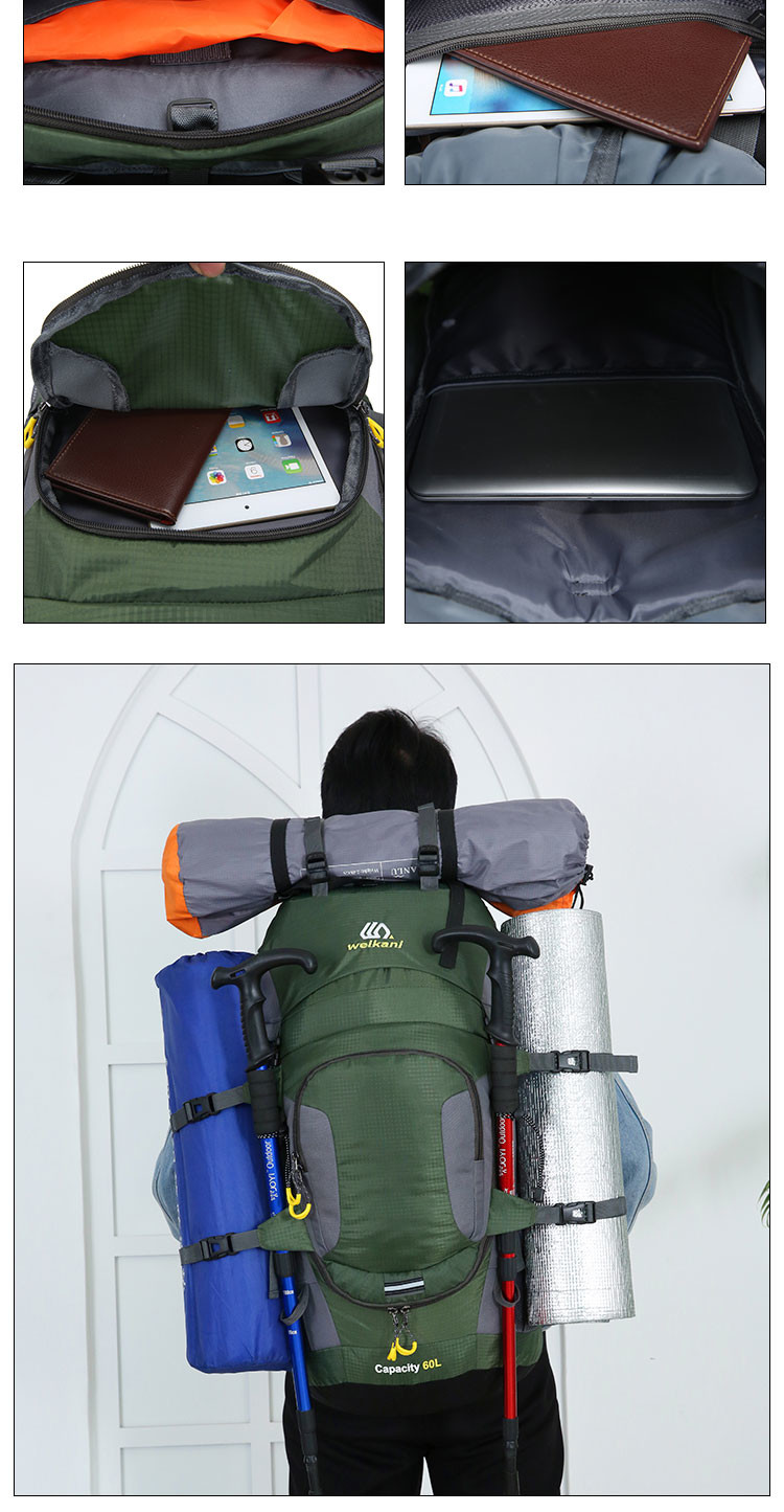 60L Lightweight Waterproof Hiking Backpack 70cm Rainproof Backpacks