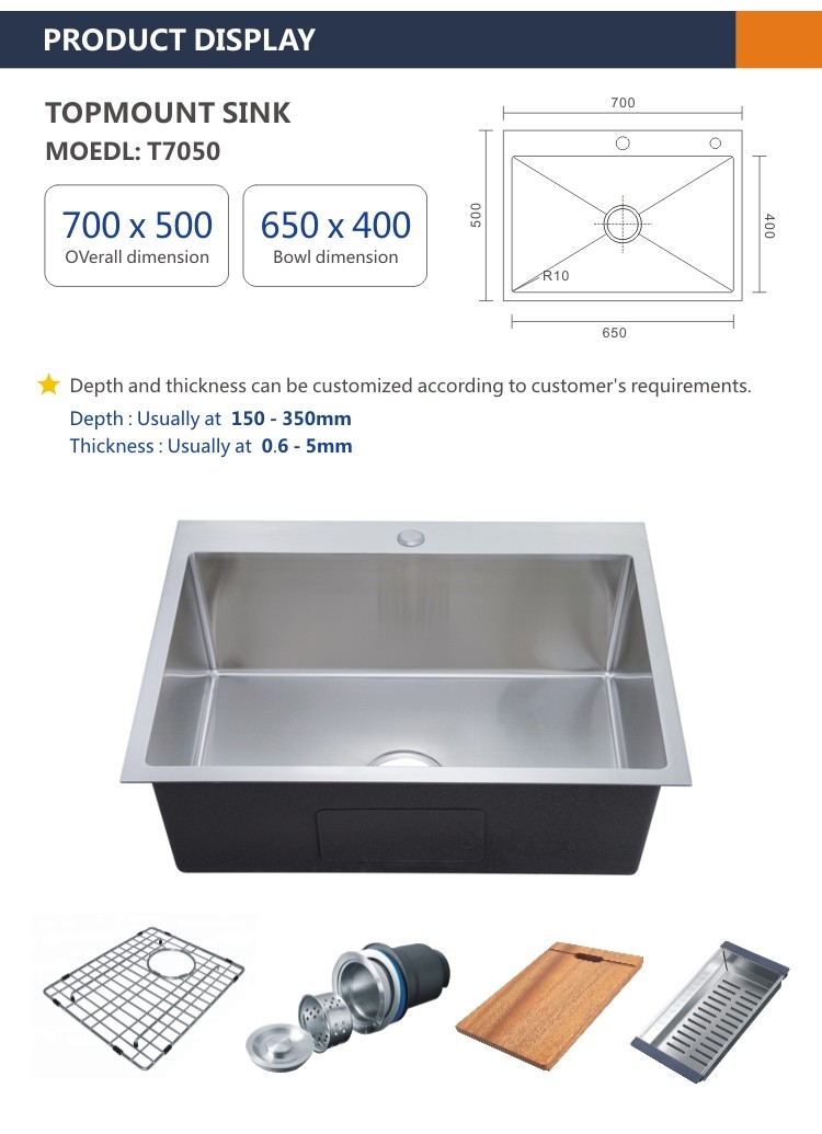 PVD NANO Topmount Stainless Steel Kitchen Sink Brushed 16 Gauge Single Bowl 70x50