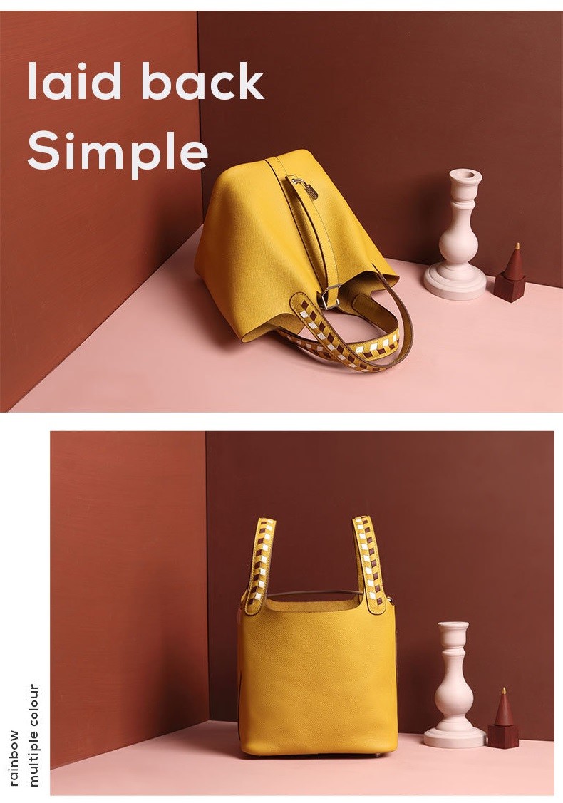 Polyester Lining Yellow Full Grain Leather Handbags For Ladies