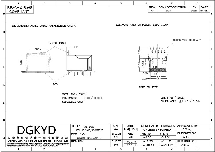 DGKYD111Q066GWA1D RJ45 Connector 1000M Integrated Transformer Without Light