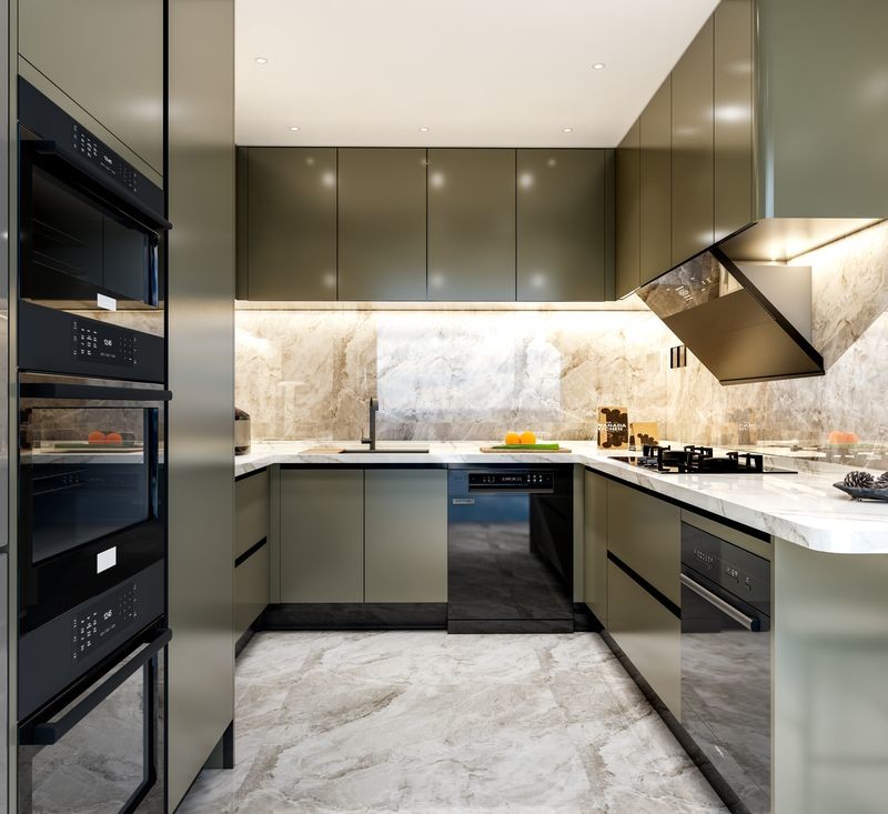 Fadior Luxury Olive Green SS Steel Kitchen Cabinets With Functional Storage