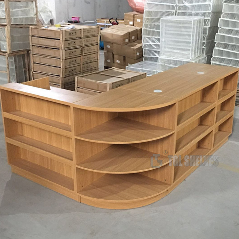 Powder Coating L Shaped Checkout Counter , Retail Display Counters 90×30×135cm size