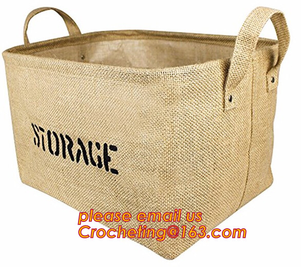 jute fabric storage basket with cotton rope handle,hot sale extra large baskets kids rope storage baskets with handles