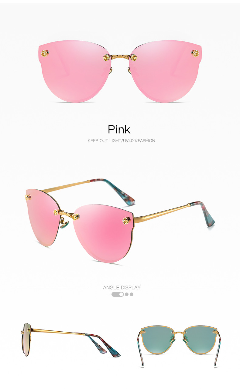 Fashionable Classic Rose Women Cat Eye Rimless Sunglasses Mirror Polarized
