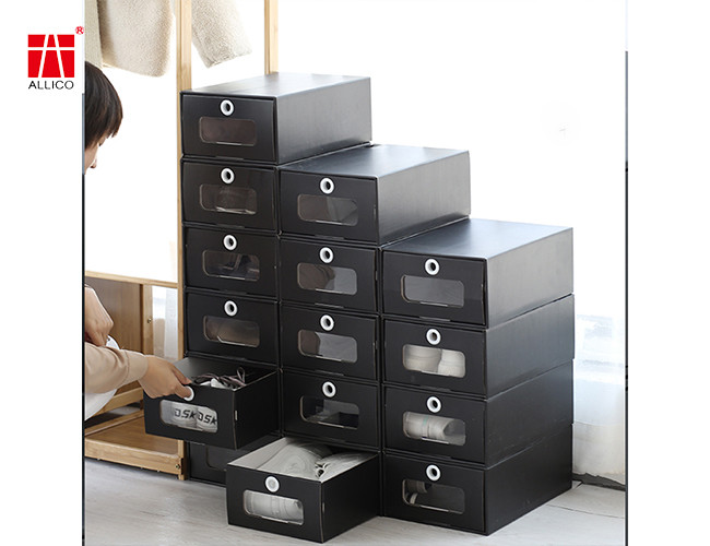 Black Shoes Packaging Box Stackable Boxes Easy To Assemble Shoe Organizer