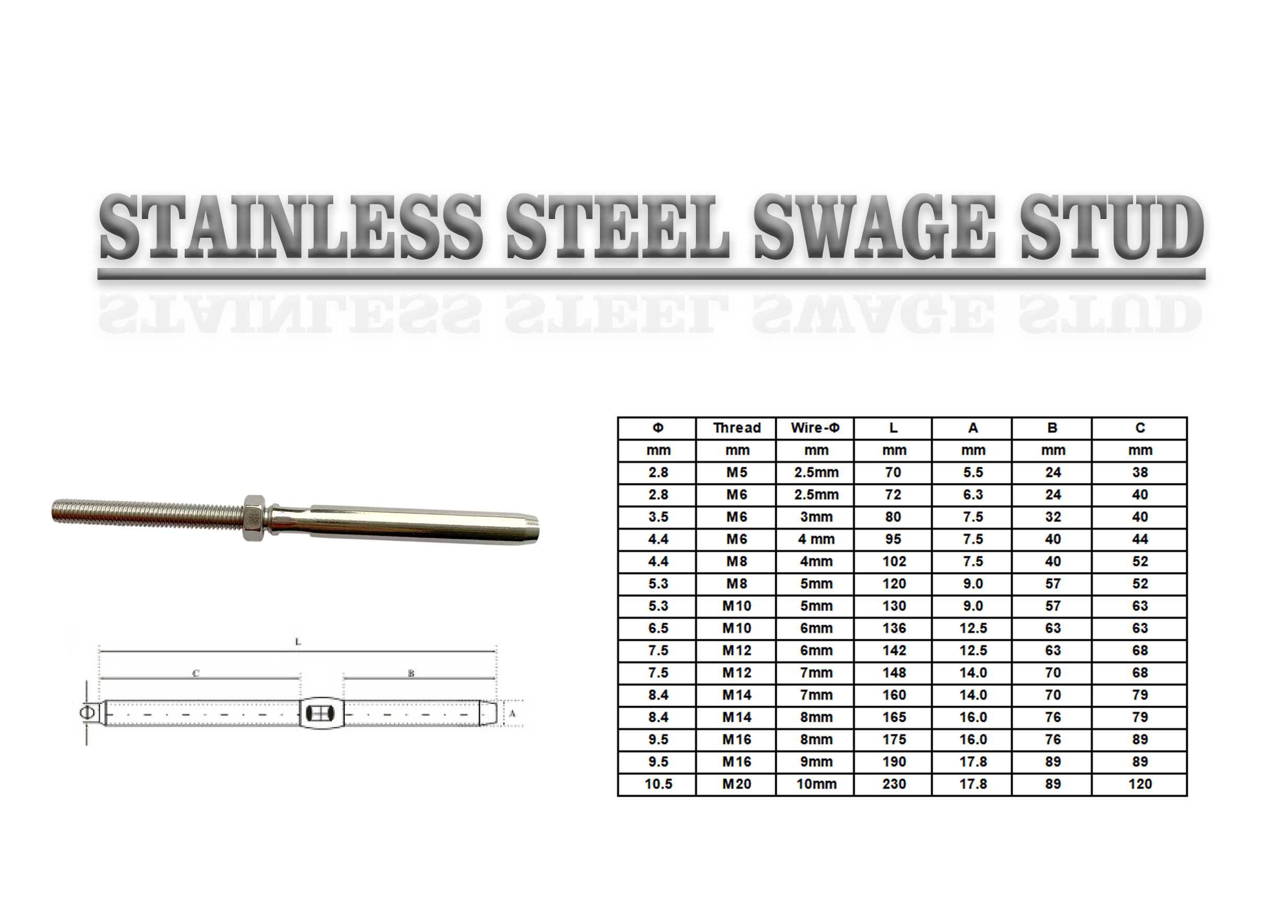 Stainless Steel 316 Wire Rope Swage Stud Terminal Heavy Duty With Nut JRSGS