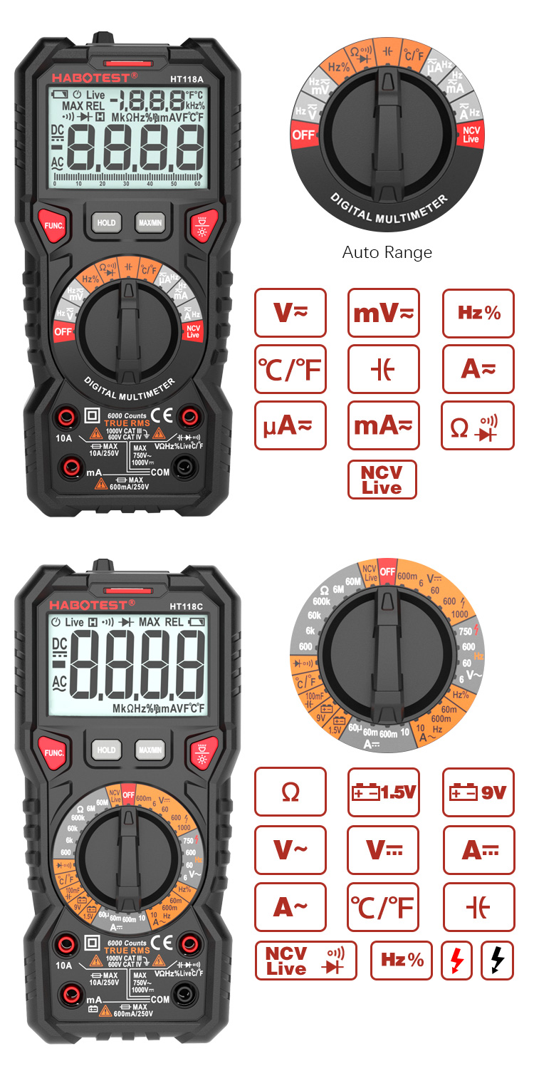 Professional Automatic Digital Multimeter 1000v With Input Jack LED Indicator