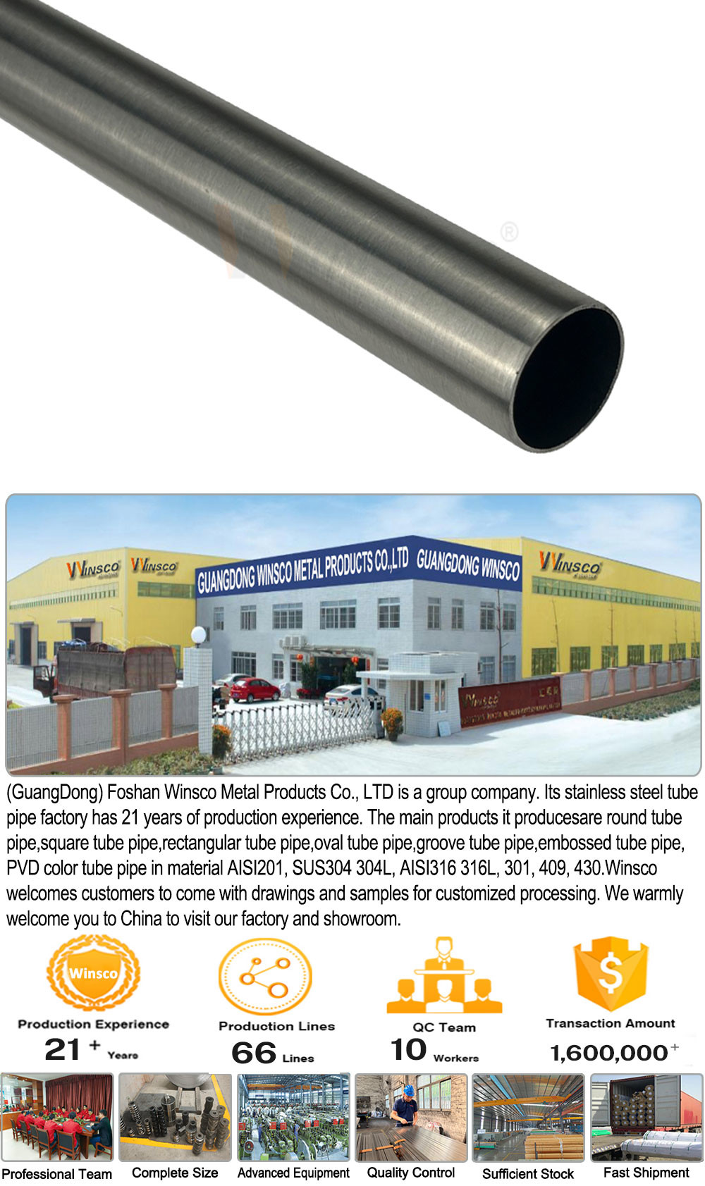Winsco Metal SUS 201 304 316 Inox Metal Tube Mirror Satin Finish 0.4mm-3.0mm Stainless Steel Round Pipe 33mm