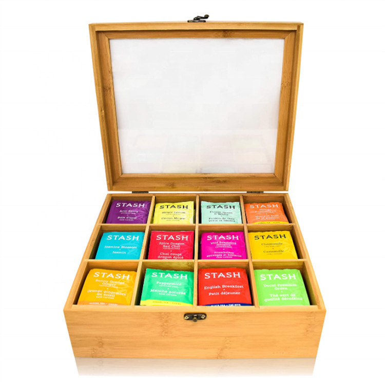 Transparent Lidded Wooden Box 12 Compartments Wood Tea Box Organizer
