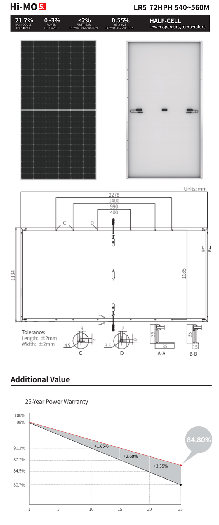 First Year Power Degradation 2% 550W A Grade Half Cut Solar Panel for Rotterdam Homes