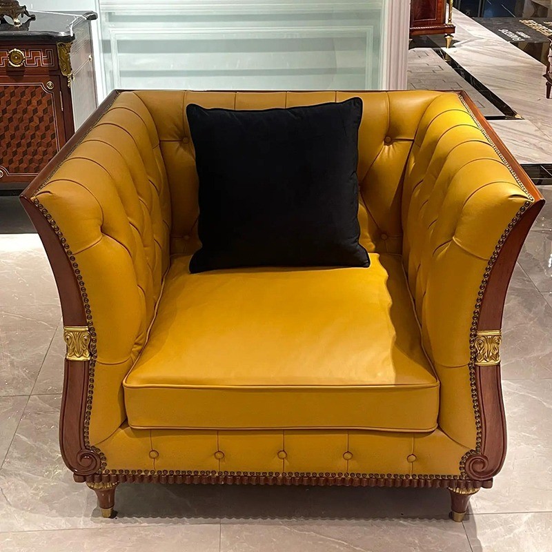 Vintage Hotel Lobby Furniture Wooden Frame Chesterfield Leather Villa Sofa Set