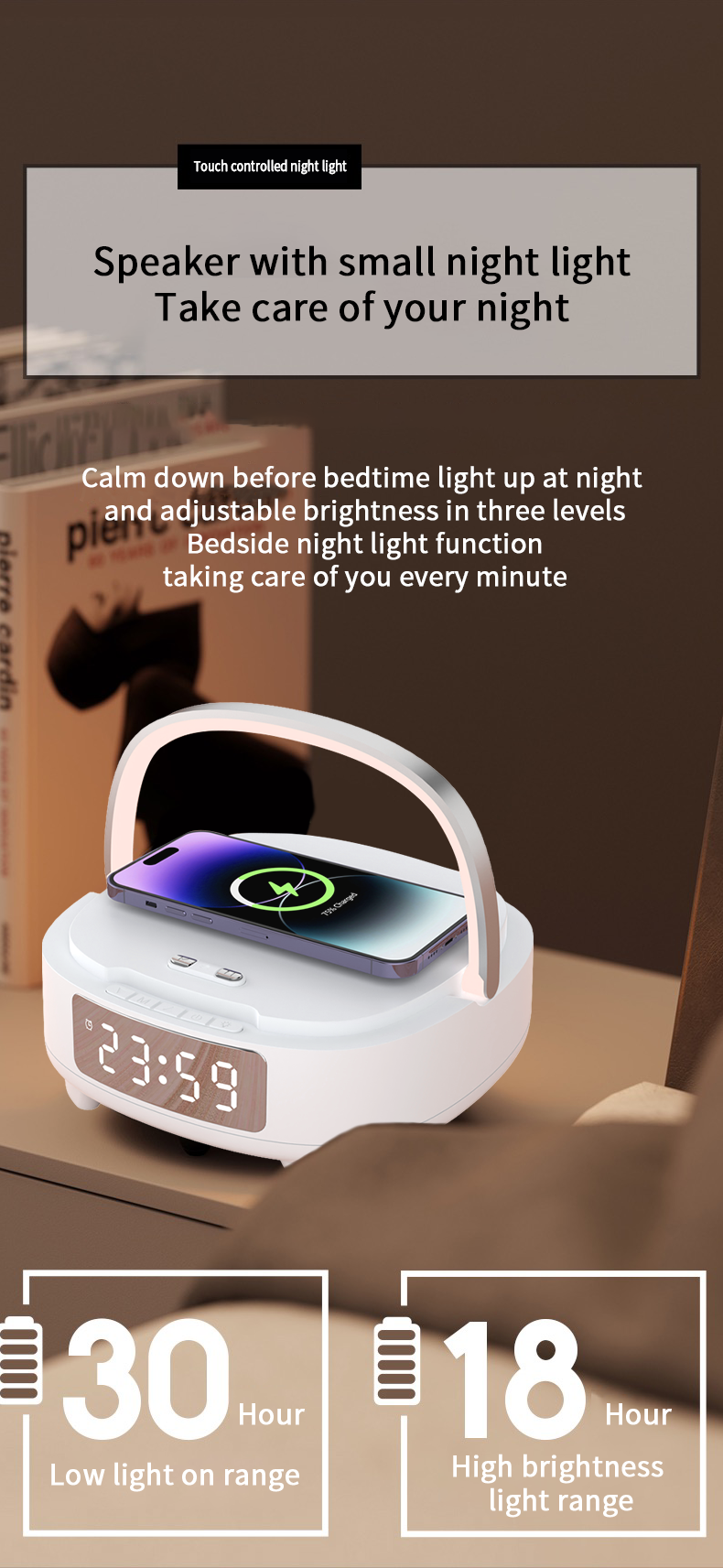 Wireless Fast Charger with Night Light Bluetooth Speaker and Alarm Clock 9V/2A Input