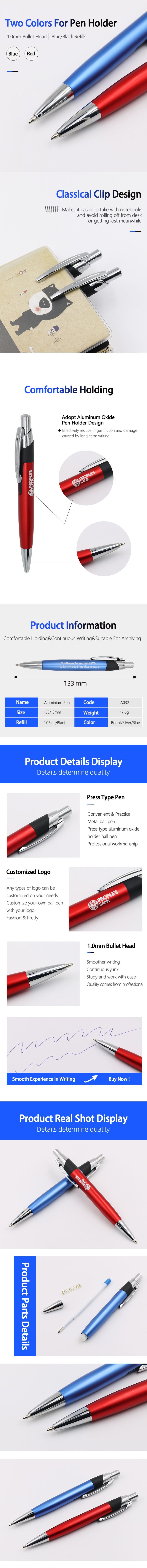 Aluminium Metal Ballpoint Pen Classic Clip Design Office Ball Pen Promotion Logo Pen