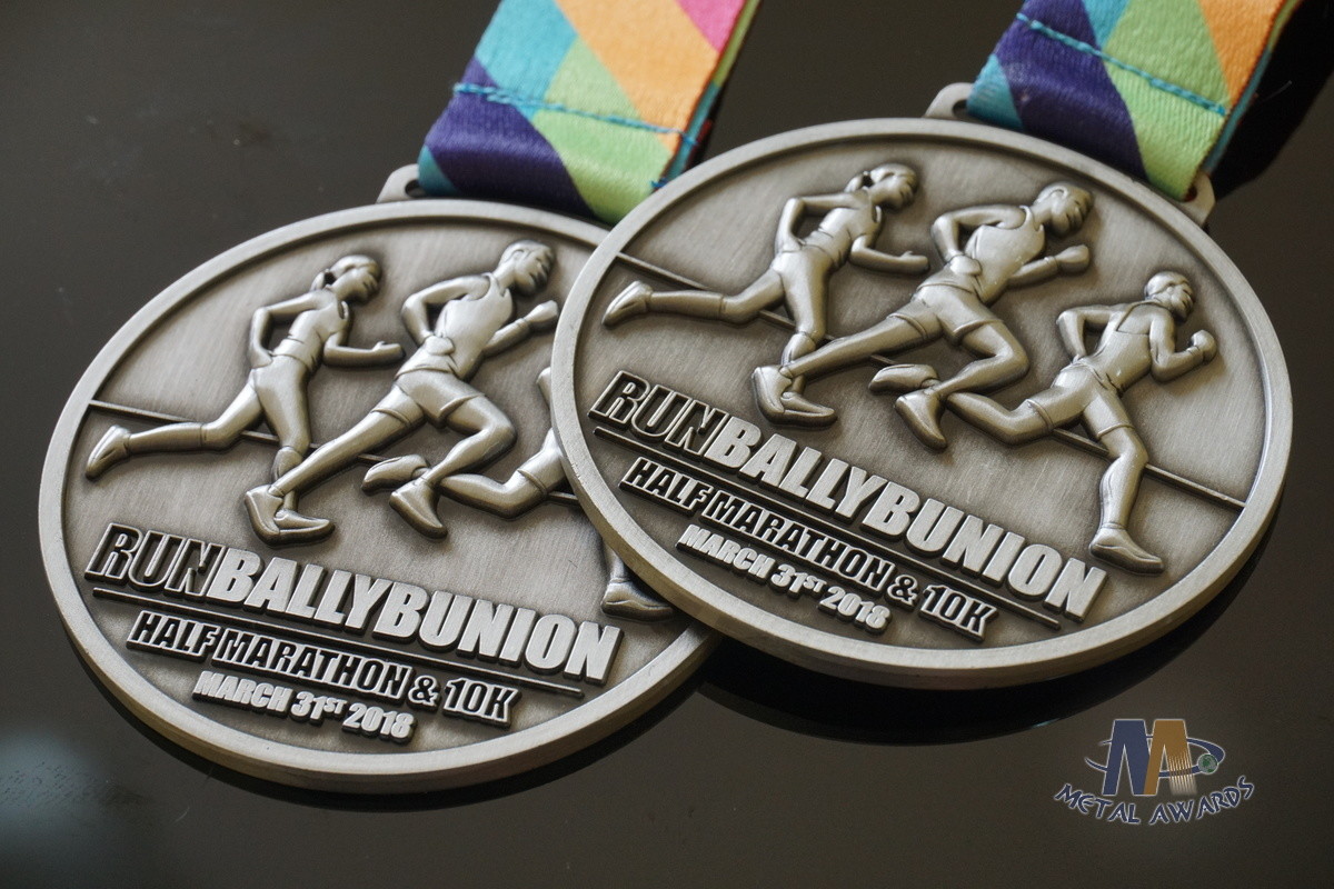Half Marathon Or 10K Running Custom Sports Medals Antique Silver Plating Sublimated Ribbon