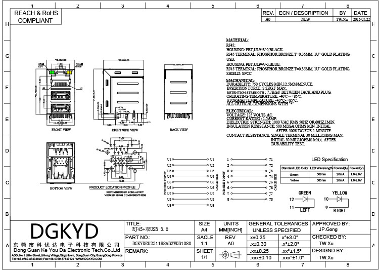 DGKYDRU231188AB2WDB1080 RJ45 Dual USB3.0 Ports No LED Modular Jack