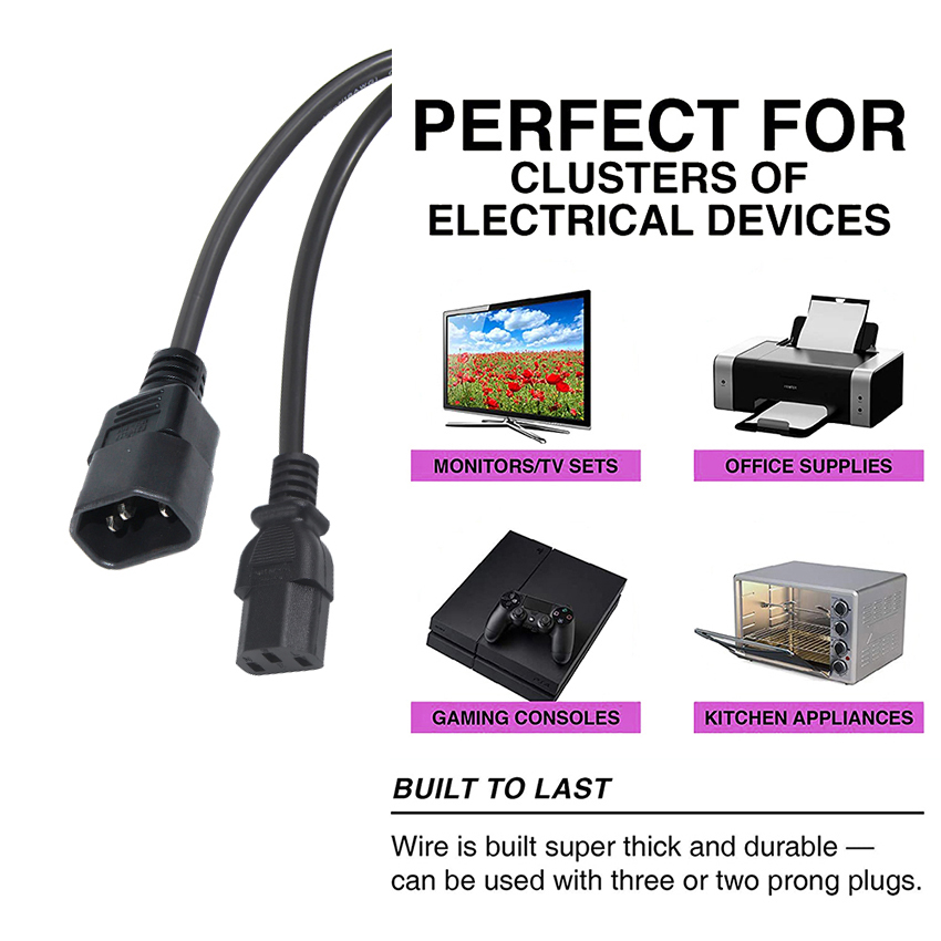 AC Cable 3 Prong Electric Plug Iec Male Female C13 To C14 Power Cord
