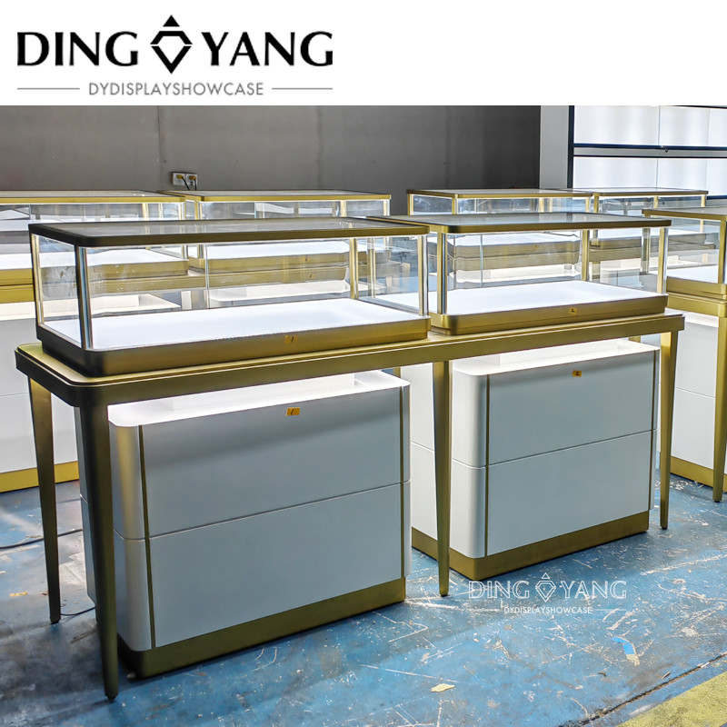 Custom Jewellery Store Showcase With Tapered Legs And Tempered Glass Panels