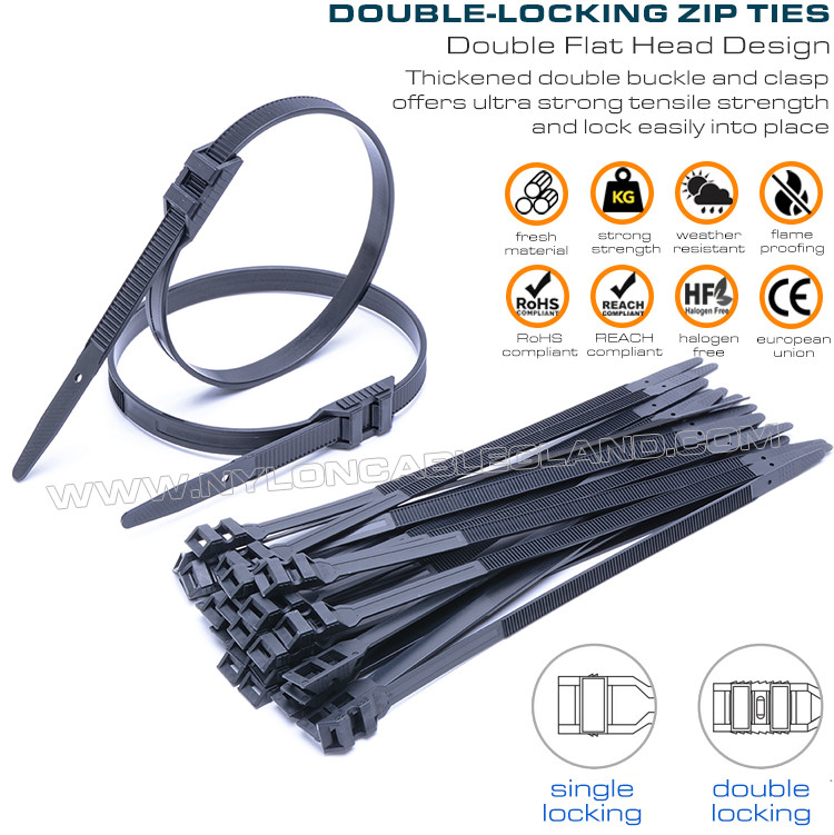 Double Locking Cable Ties/Double Flat-Head Cable Ties, Black, Nylon (PA) 6.6, 760x9mm, 110lbs, 500N, Ø20~220mm, Outdoor Use