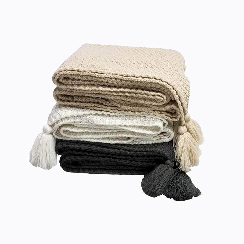 Knitted Wool Throw Blanket with Acrylic Tassel Simple Style Custom Solid Sofa Blanket