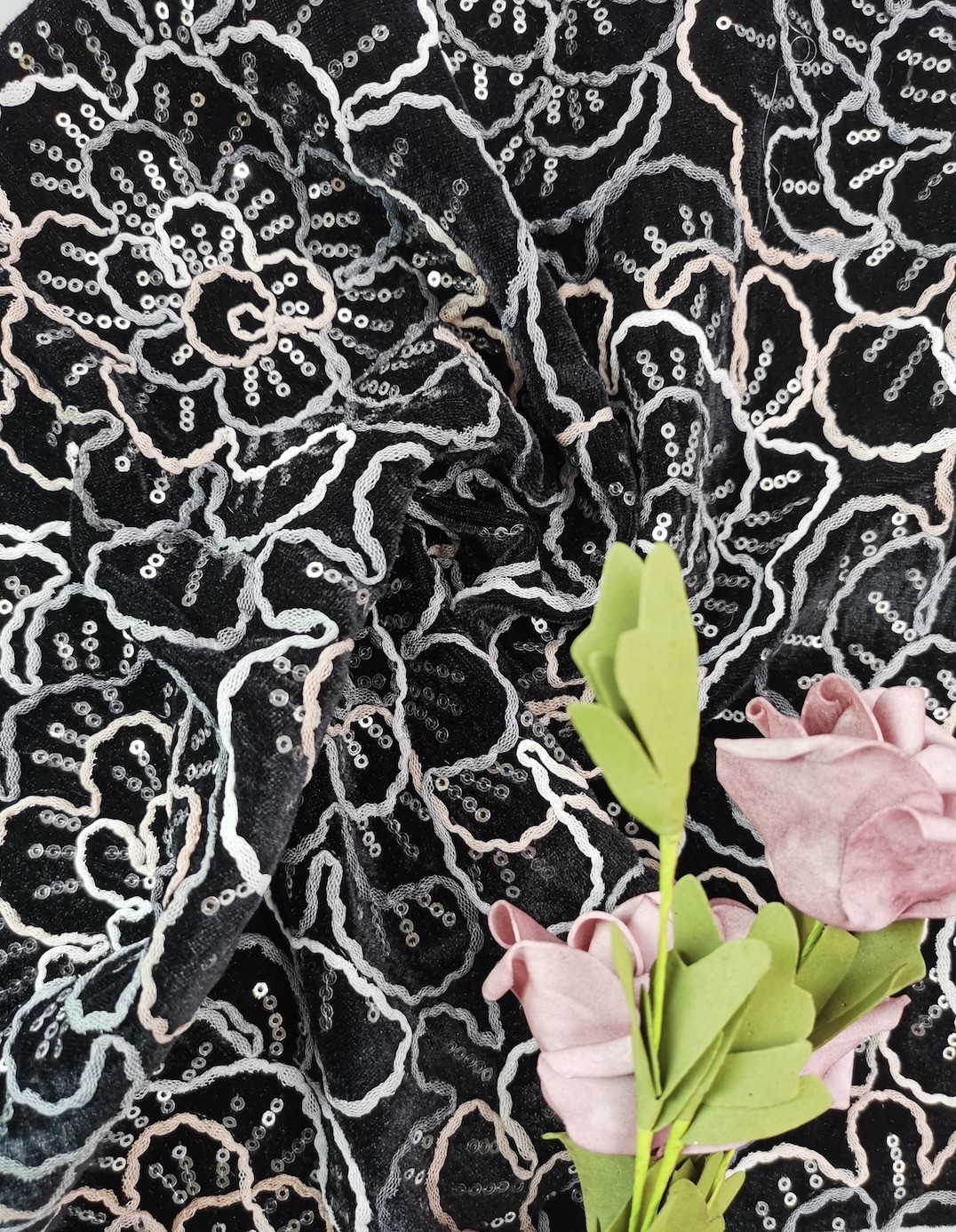 Velvet Sequin Embroidered Fabric Embroidery Evening Dress Fabric