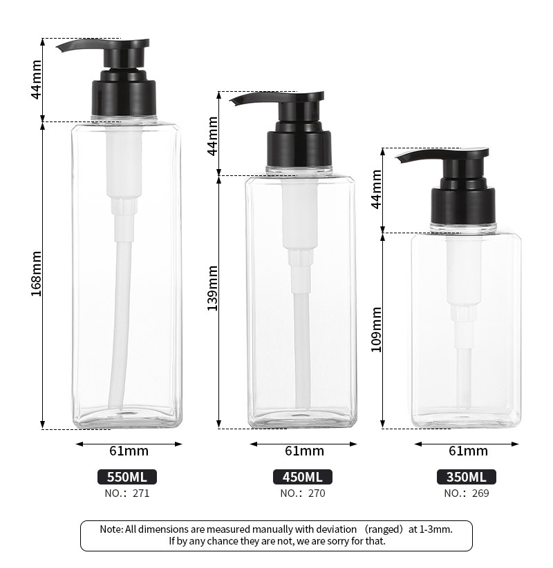 Recycled Square Clear Plastic Lotion Bottles With 44mm Pump 550ml