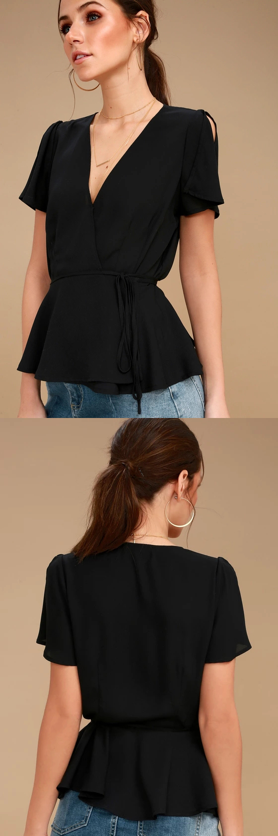 Modesty V Neck Fashion Black Women Top With Plunging Neckline