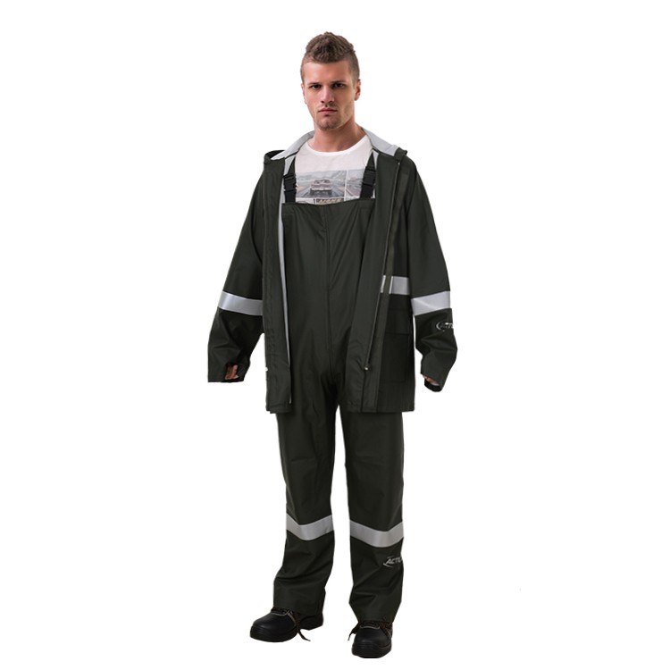 High Reflective Tape PU Hooded Rainwear with Bib Pants G.W. 26KG S-XXXL in Waterproof