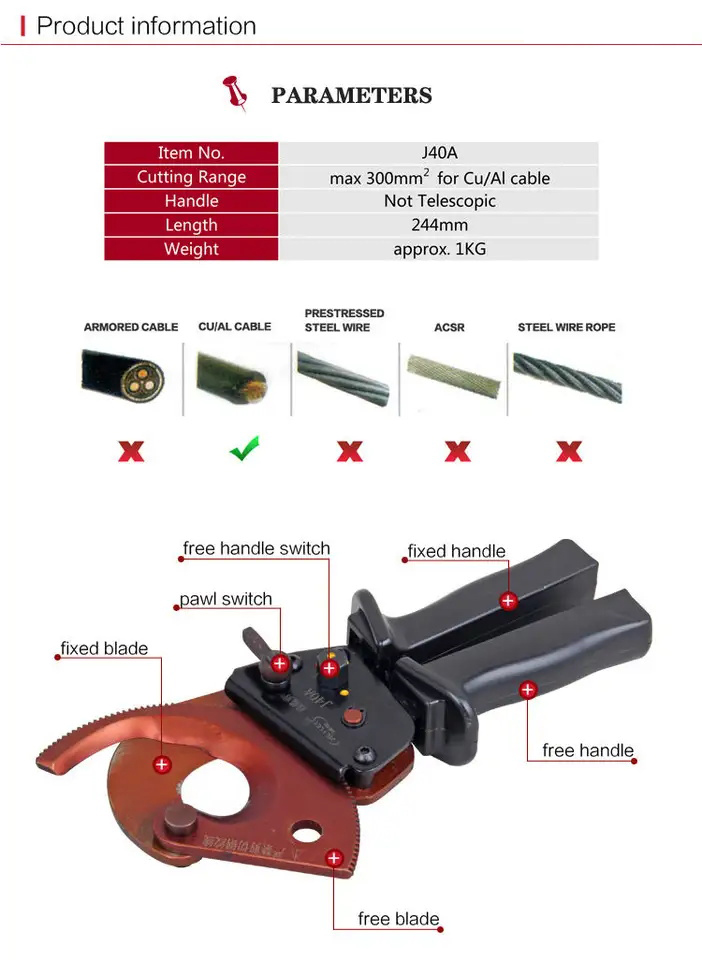 Not Rated Jaw Surface Ratchet Cable Cutter Industrial Grade for 75mm Diameter Cables