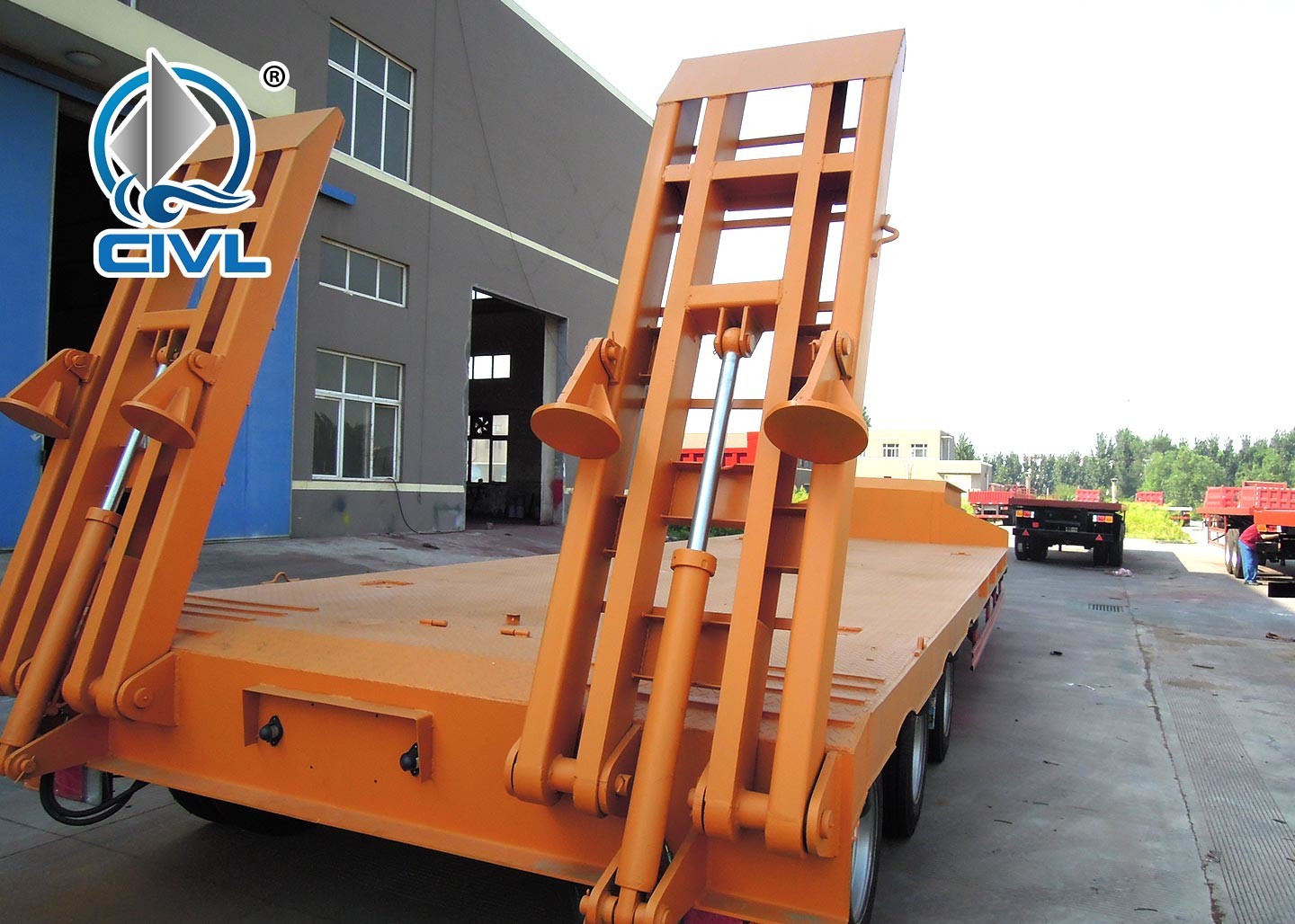 60 Tons Low Bed Semi Trailer , 3 Axles Flat Low Flatbed Trailer Manual Transmission
