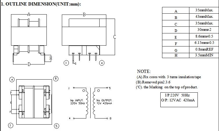 Input 220V Linear Transformer EI41 50Hz 40mA Output 12Vac ISO9001 Approved