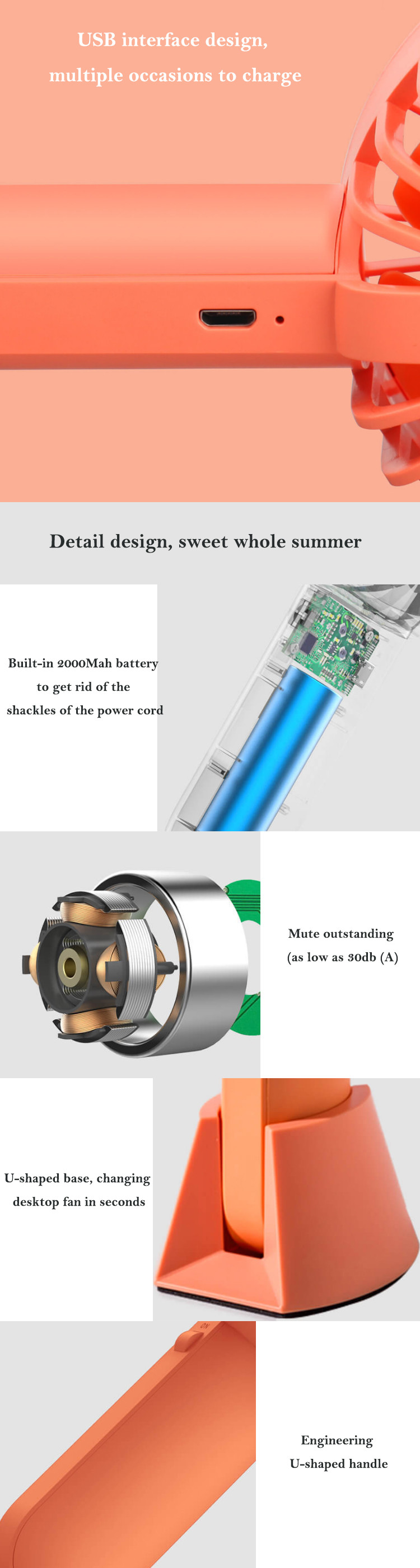 2000mAh 6hrs USB Handheld Fan With Rechargeable Built In Battery