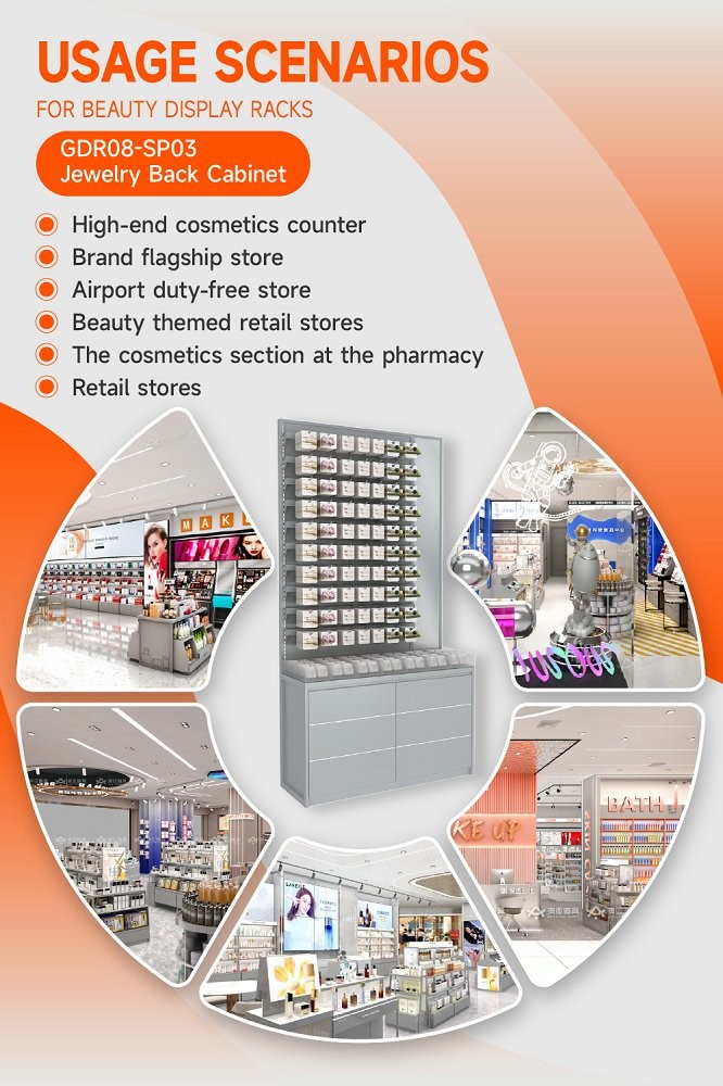 GDR08-SP03 Retail Display Shelf with Hanging Rods and Hooks for Versatile Display Options in Cosmetics Retail Stores