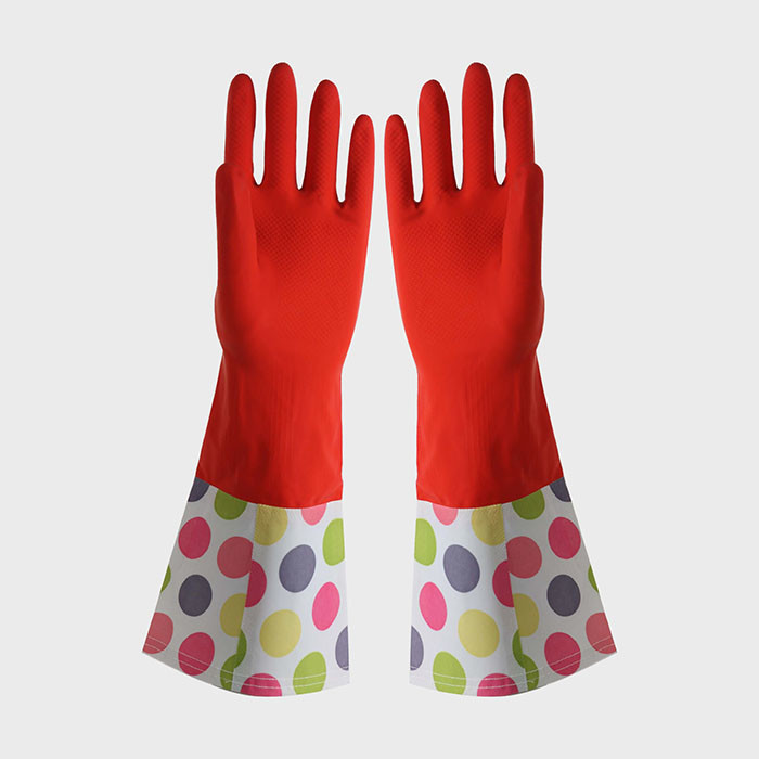 Household Long Sleeve Washing Up Gloves Cotton Flocklined Slip Resistance