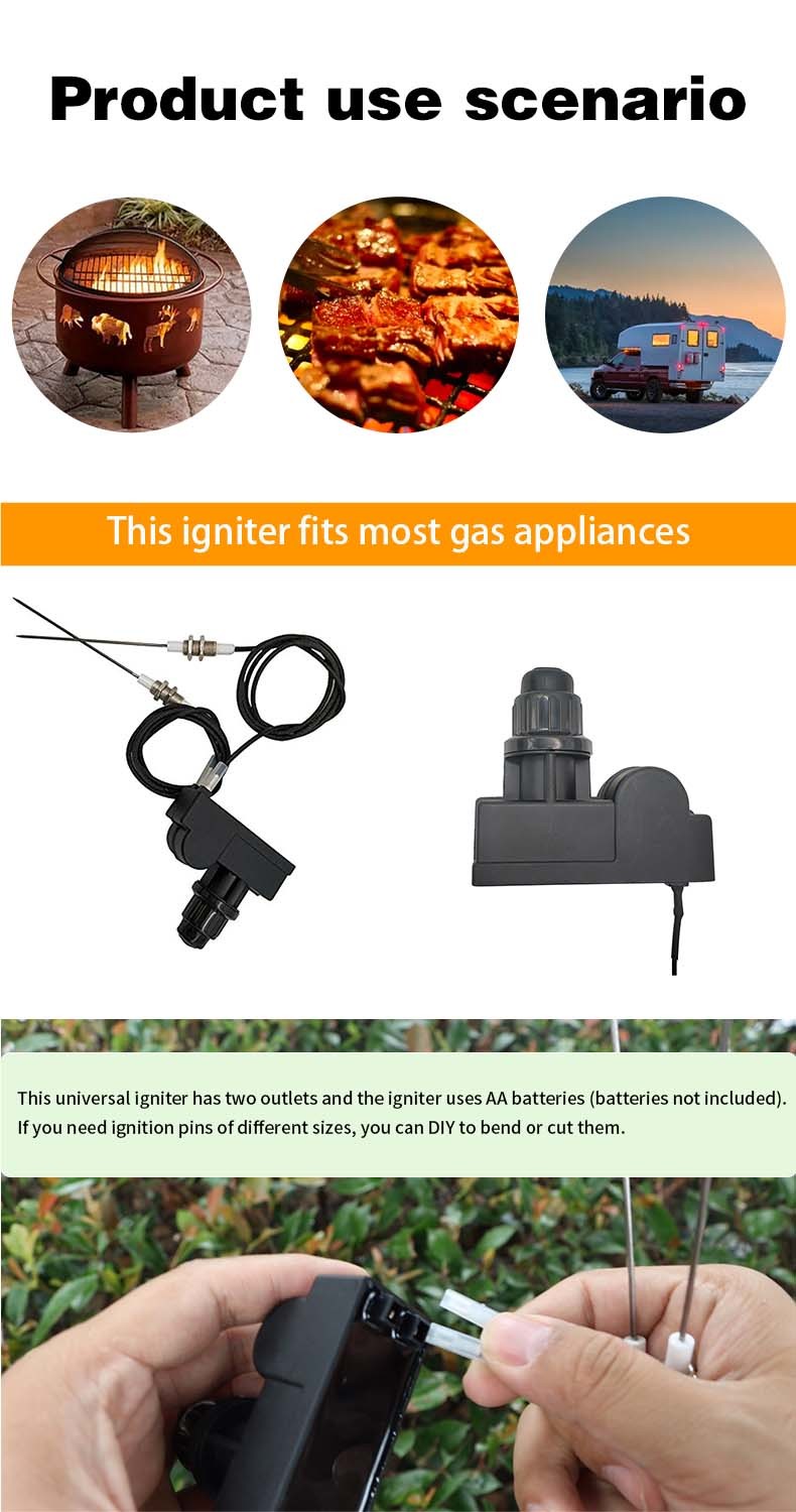 AA Battery Two Exits Grill Igniter With Spark Plug Wire 1 Meters Long Two Electrodes