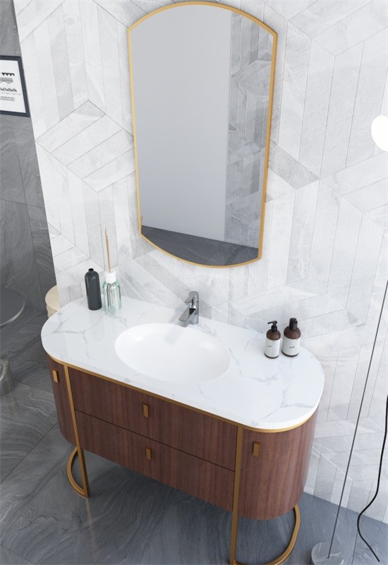 Modern Curved Stainless Steel Bathroom Vanity Cabinet Formaldehyde Free