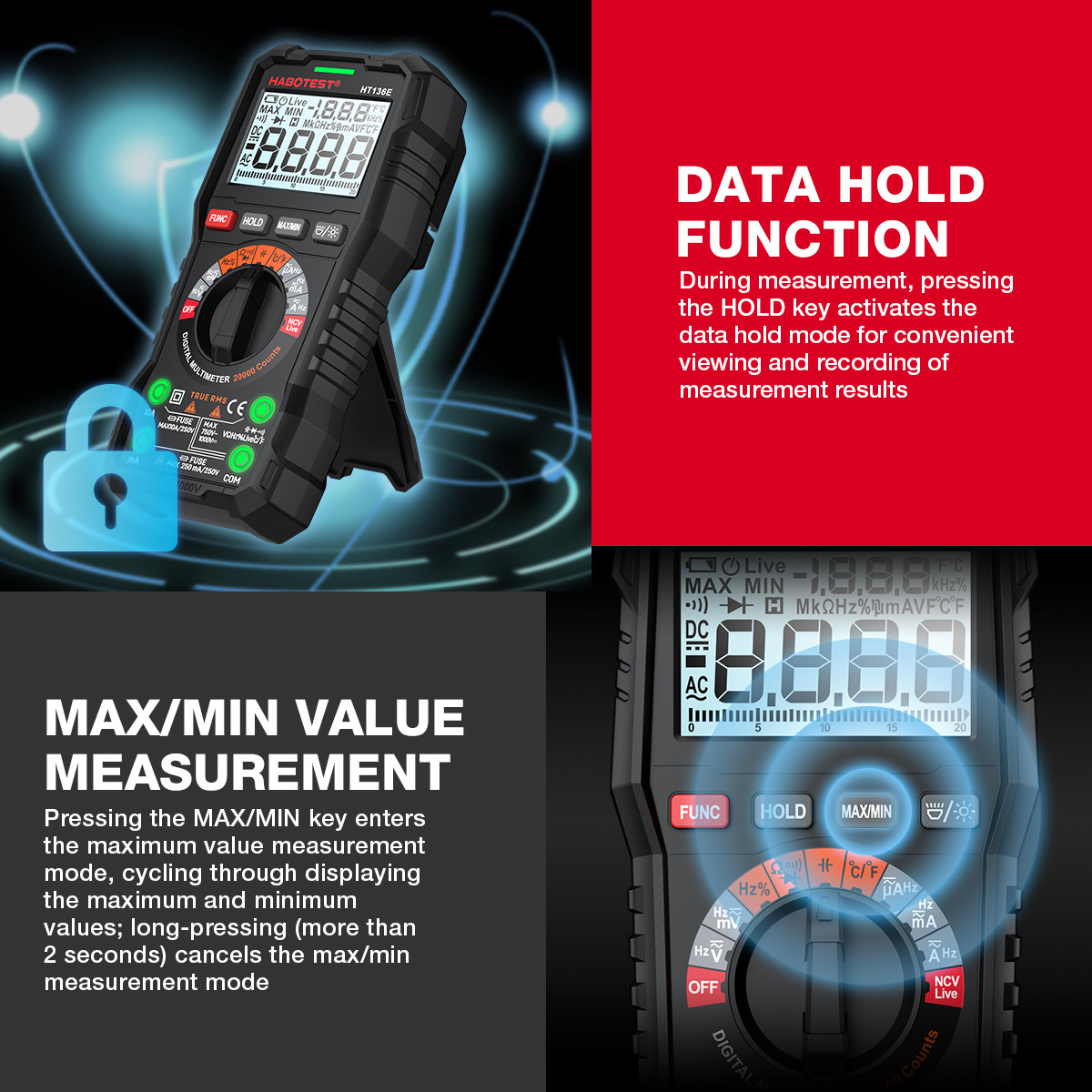 Ammeter HABOTEST HT136E/A Digital Multimeter 20000 Counts Voltage Current Detector Capacitance Resistance Frequency Temp Test